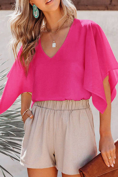 Rose Plain Flounce Bell Sleeve V Neck Blouse