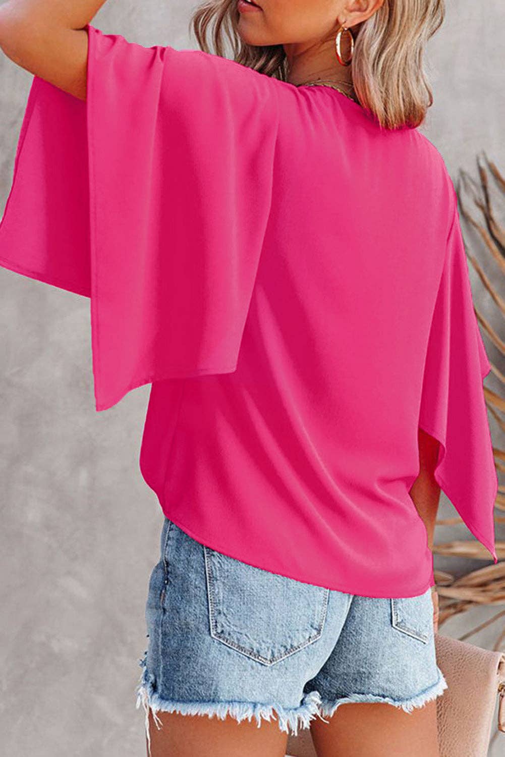 Rose Plain Flounce Bell Sleeve V Neck Blouse