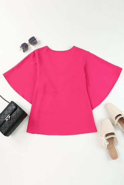 Rose Plain Flounce Bell Sleeve V Neck Blouse